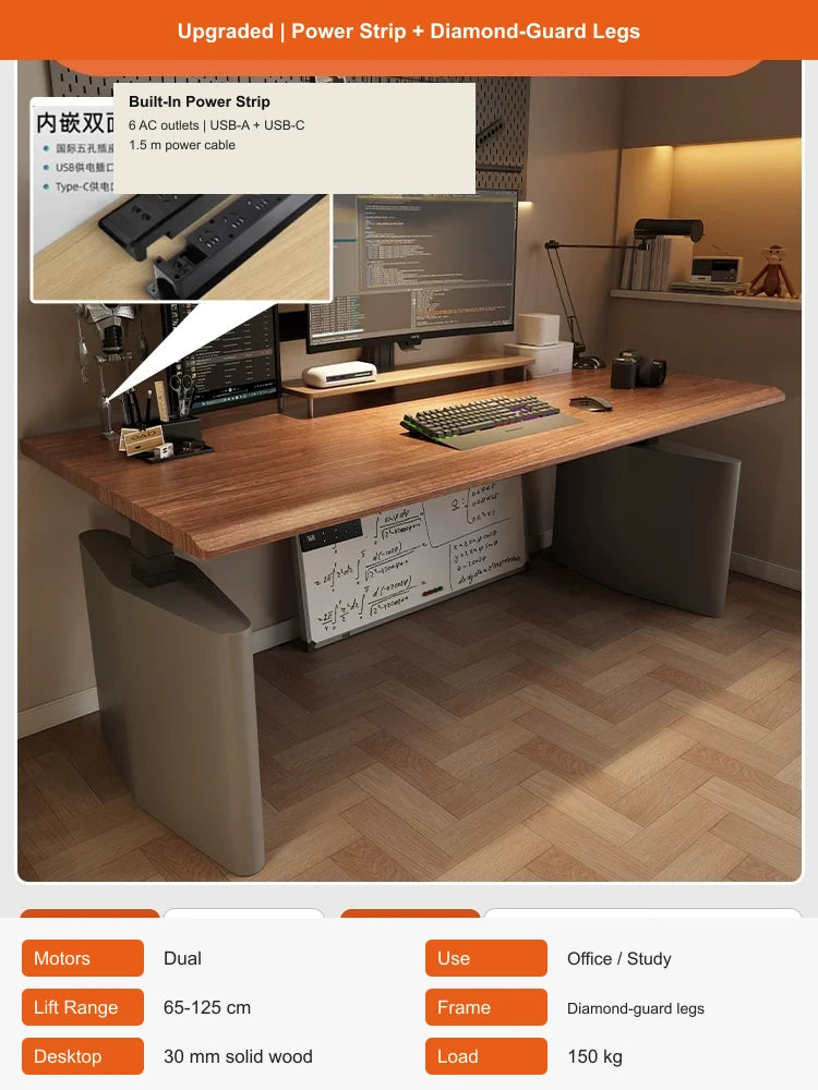 electric standing desk with power strip and diamond-guard legs