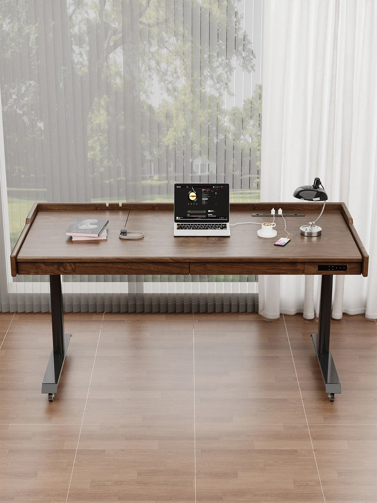 Solid wood electric standing desk with locking casters and drawers