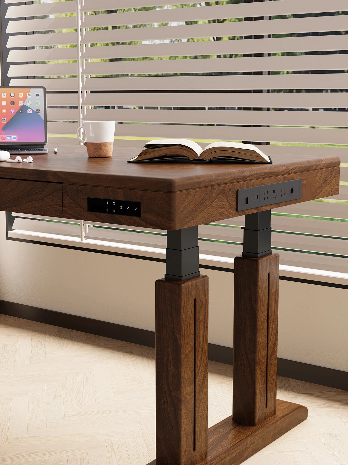 Solid wood height-adjustable desk with drawers and memory controller