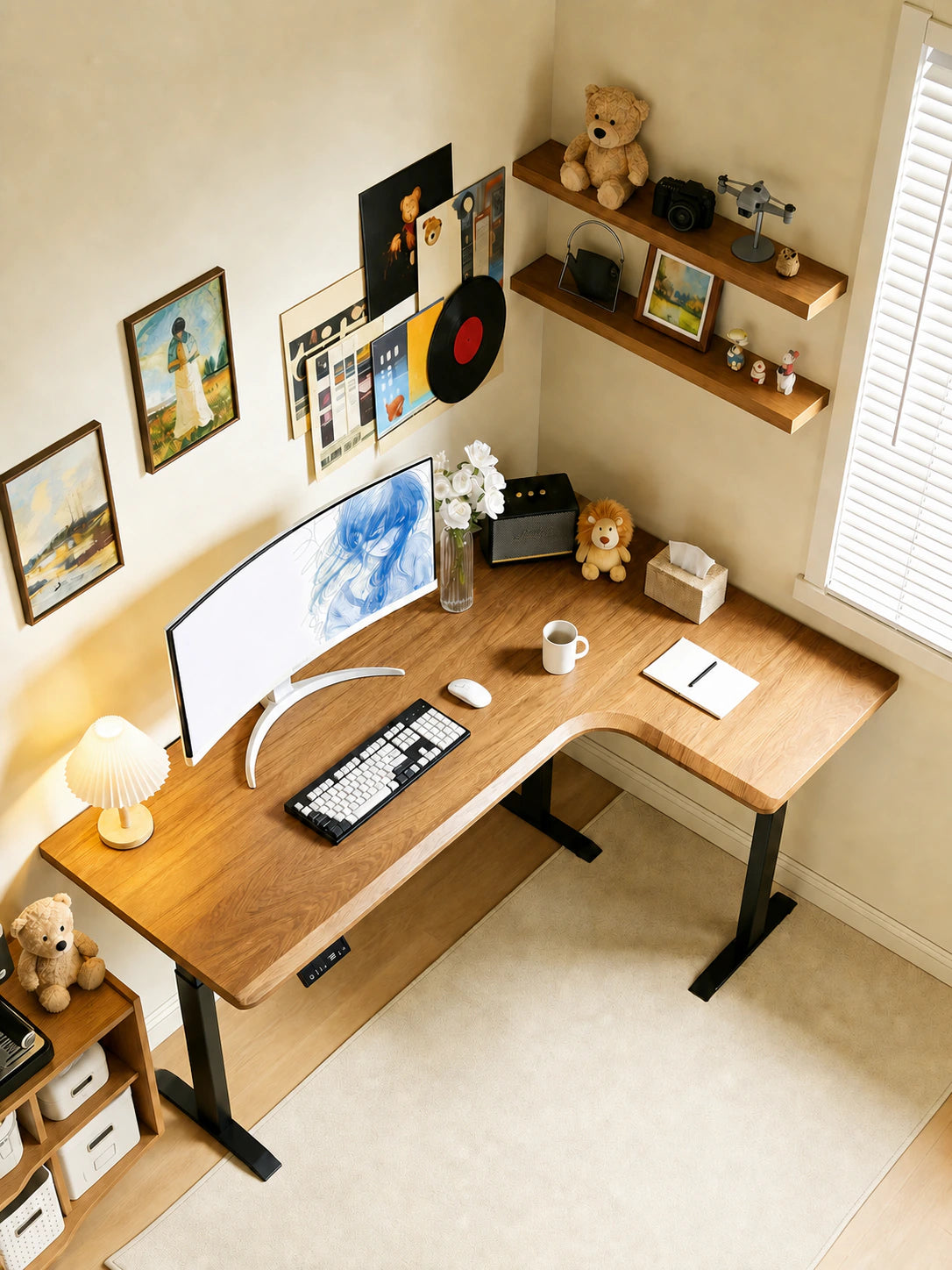 Solid wood L-shaped electric standing desk in a bright home office