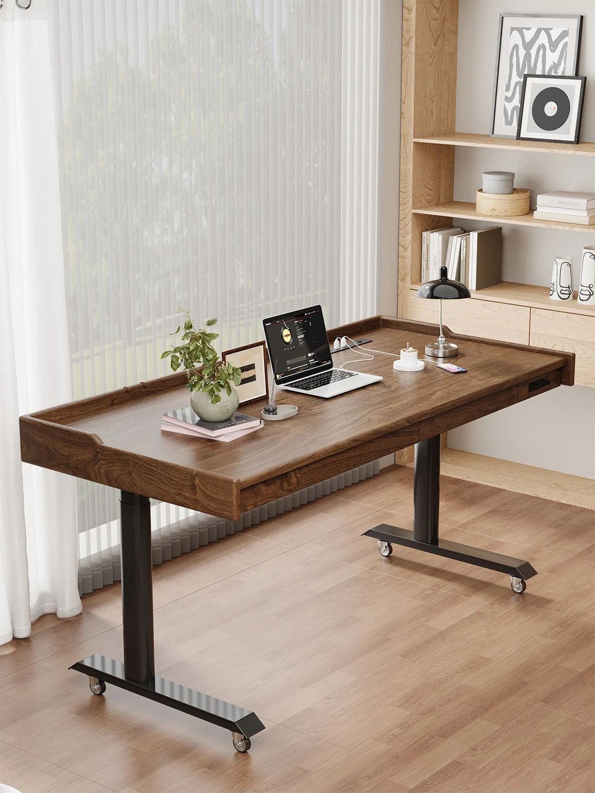 Solid wood mobile electric standing desk in a home office