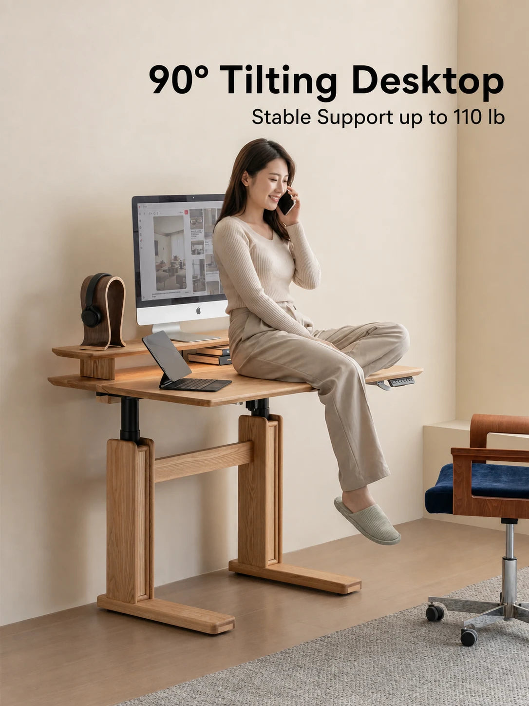 Solid wood electric standing desk with a 90 degree tilting desktop