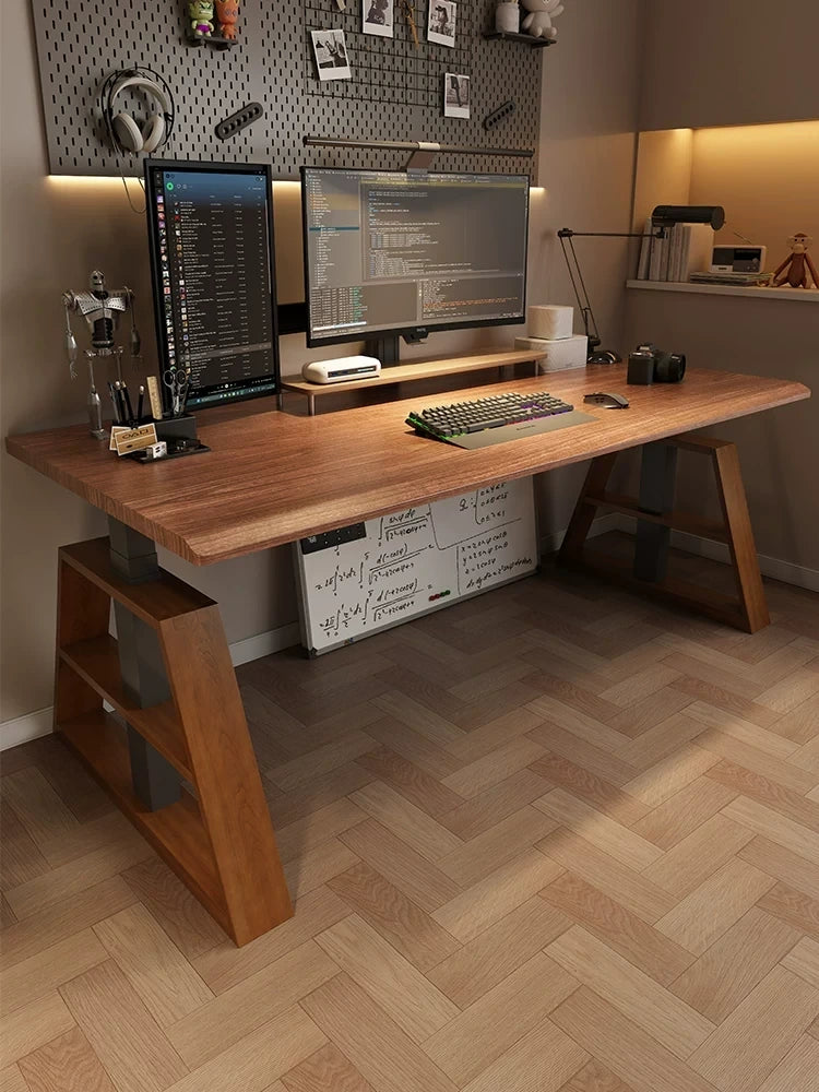 solid wood standing desk with sculpted ash A-leg frame in a home office