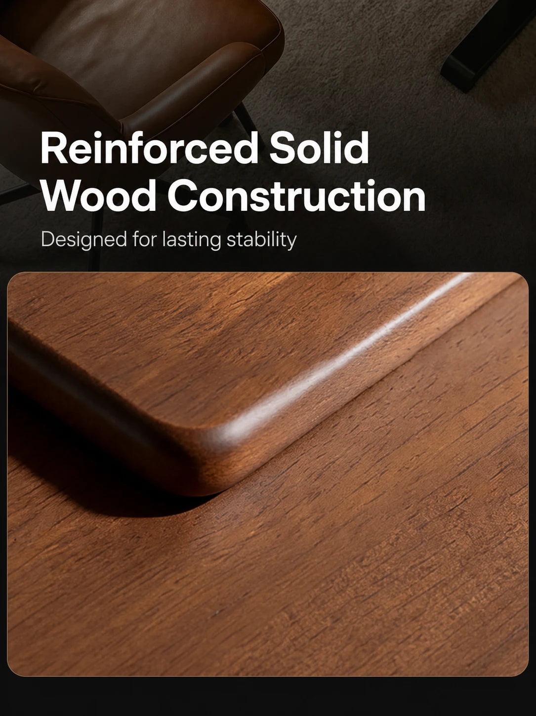 reinforced solid wood construction detail on an electric standing desk