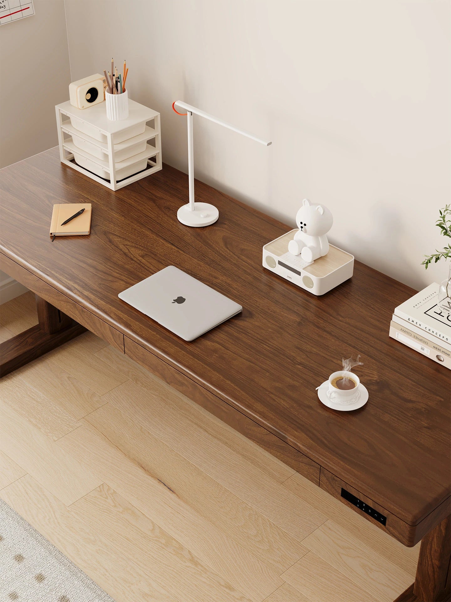 Solid wood electric standing desk desktop and integrated drawer detail