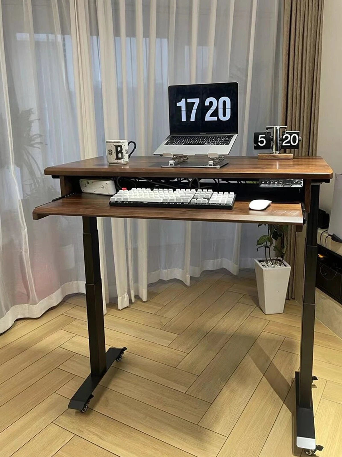Solid wood electric standing desk with oversized keyboard tray