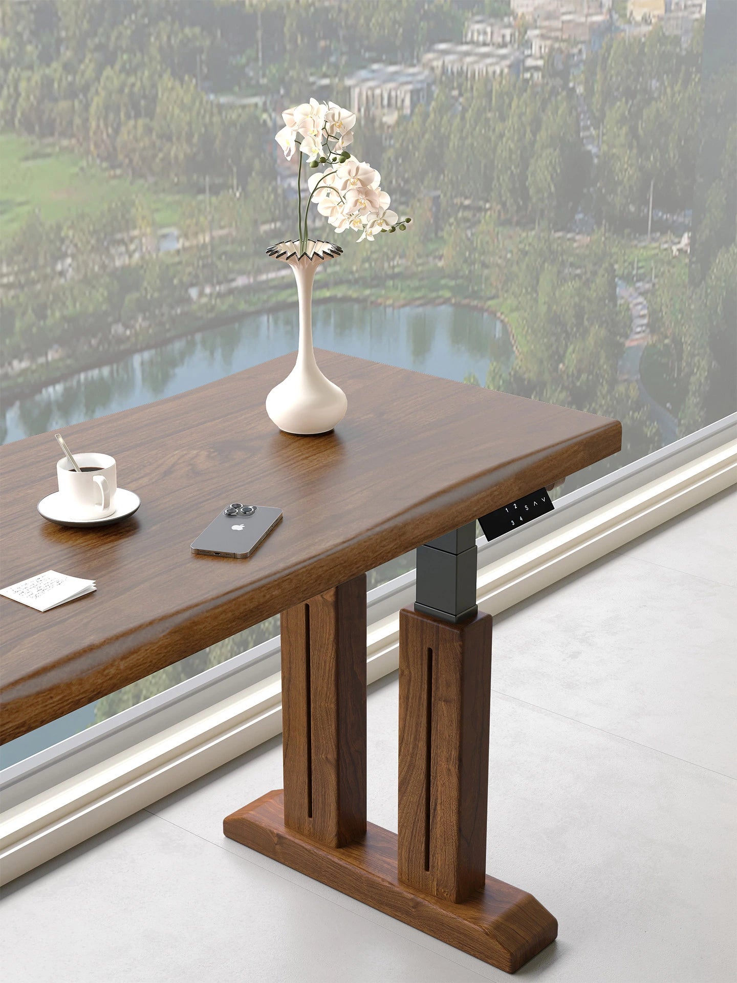 Close view of the natural-edge solid wood standing desk desktop