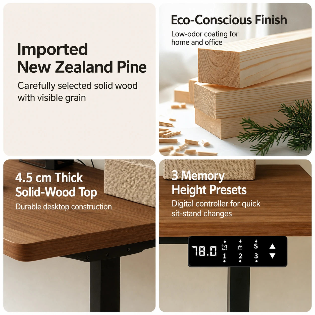 Solid wood electric standing desk material and controller features