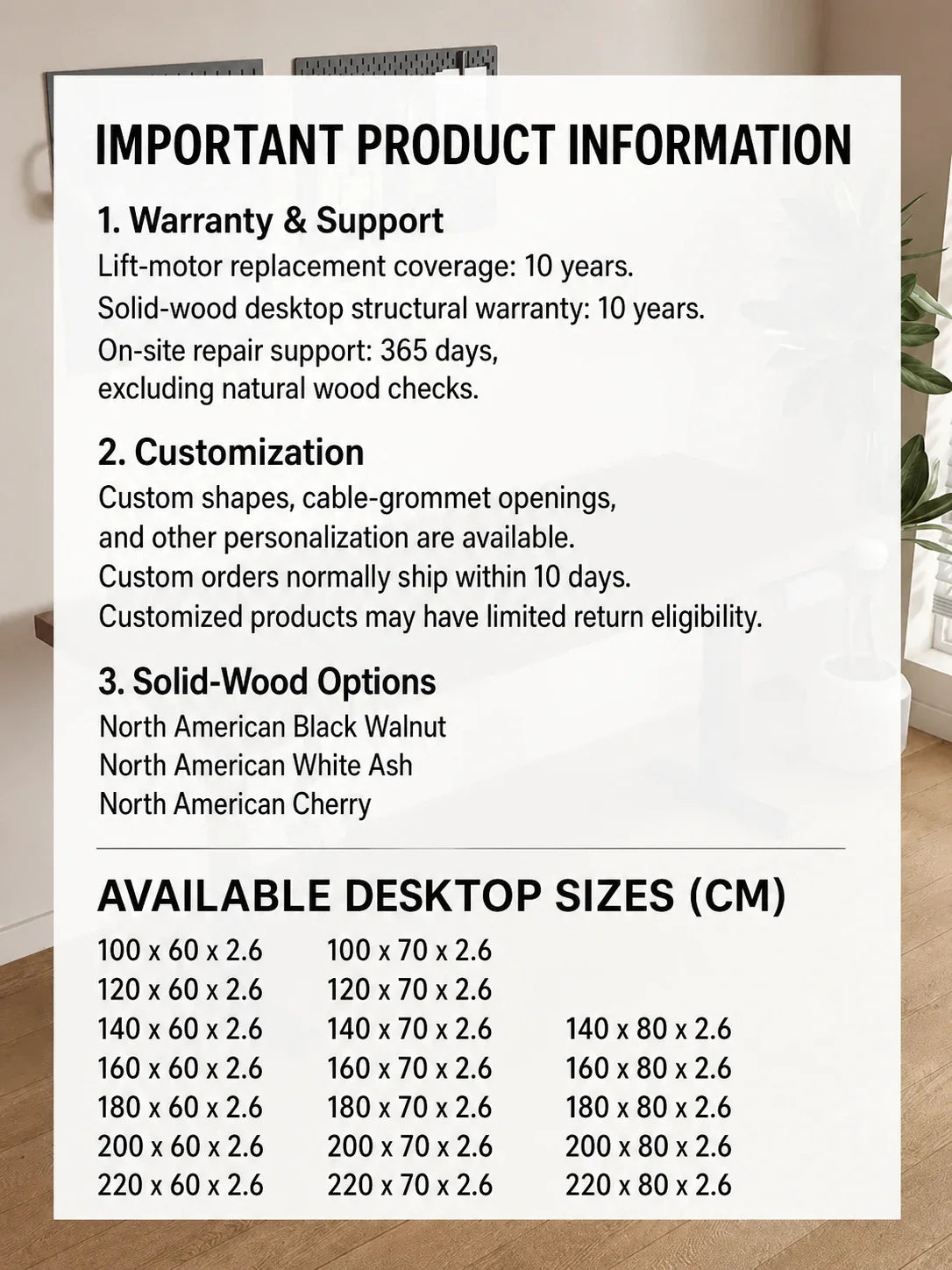 solid wood standing desk product information image