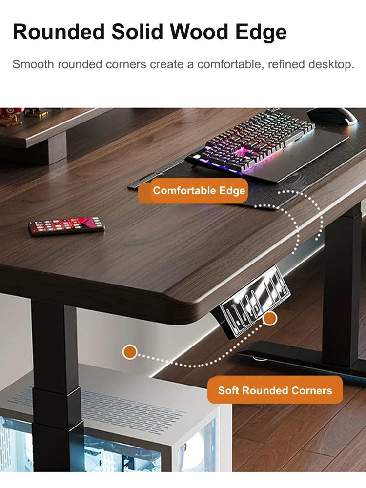 solid wood electric standing desk with smooth rounded desktop edge