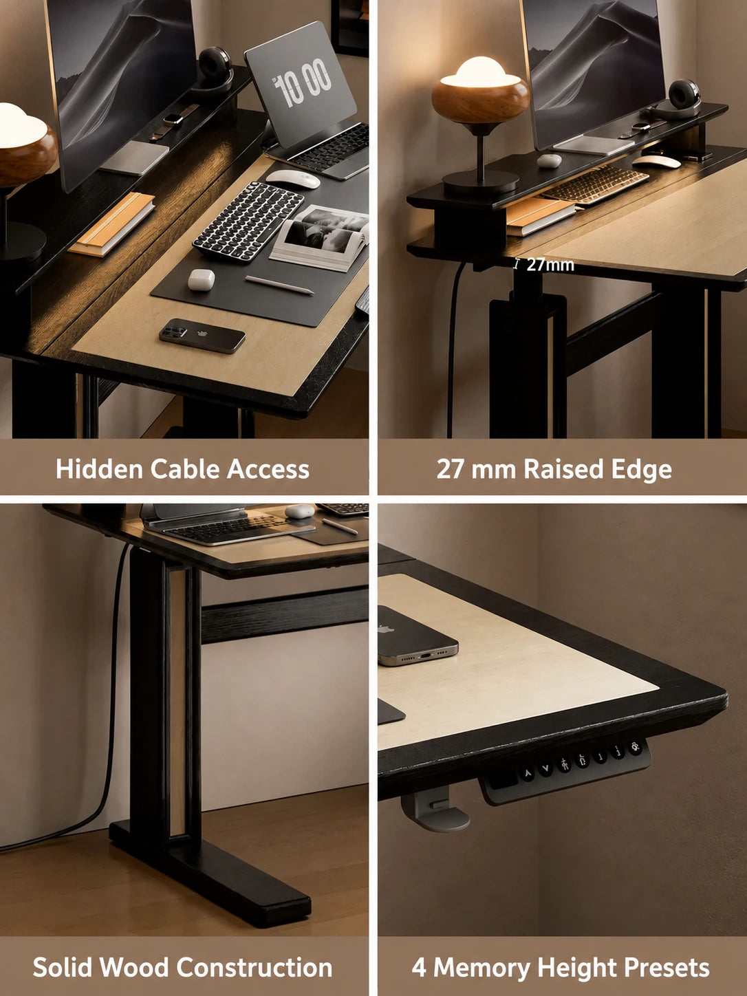 solid wood electric standing desk storage cable access and memory controls