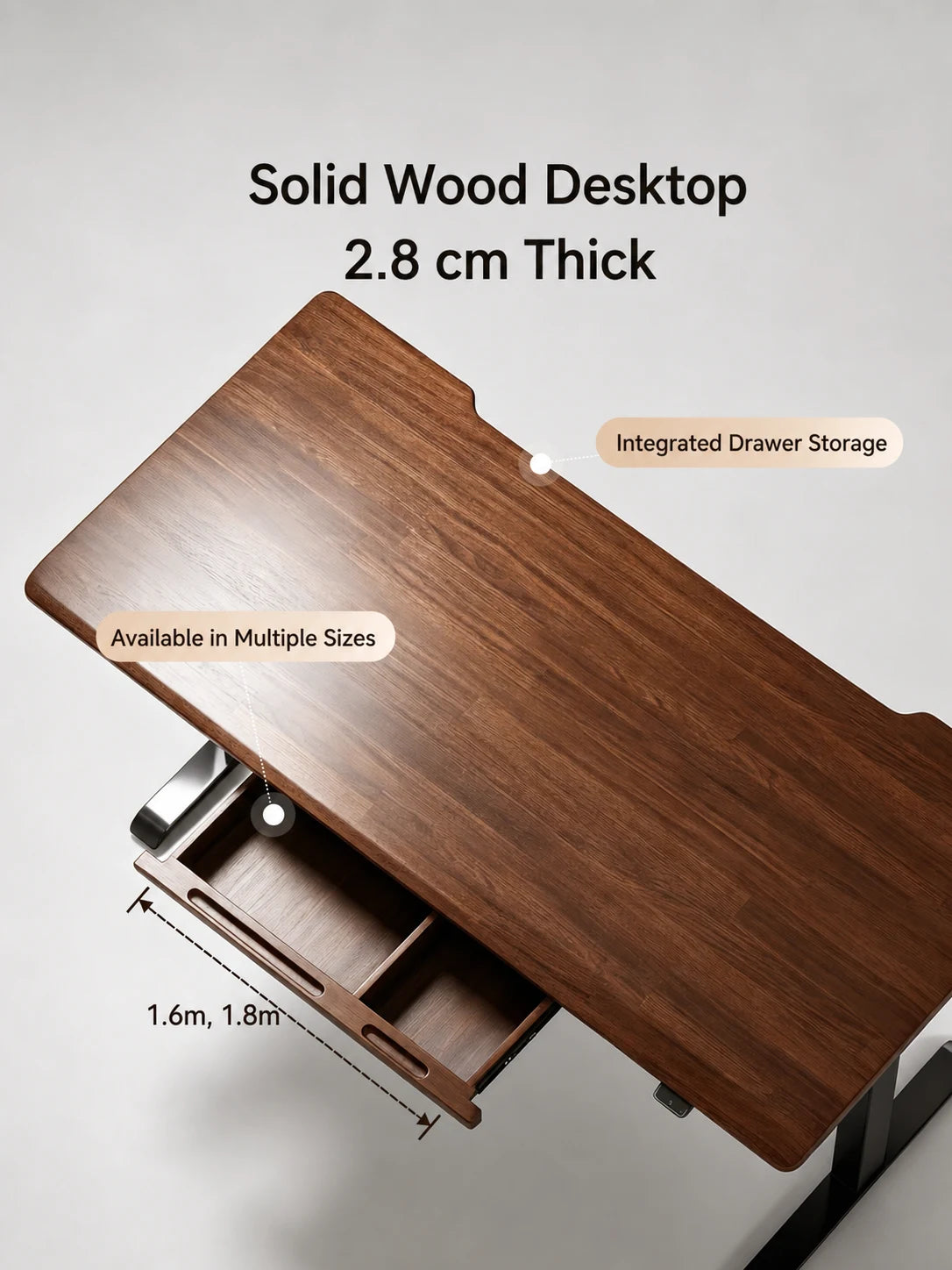 solid wood electric standing desk with integrated drawer storage