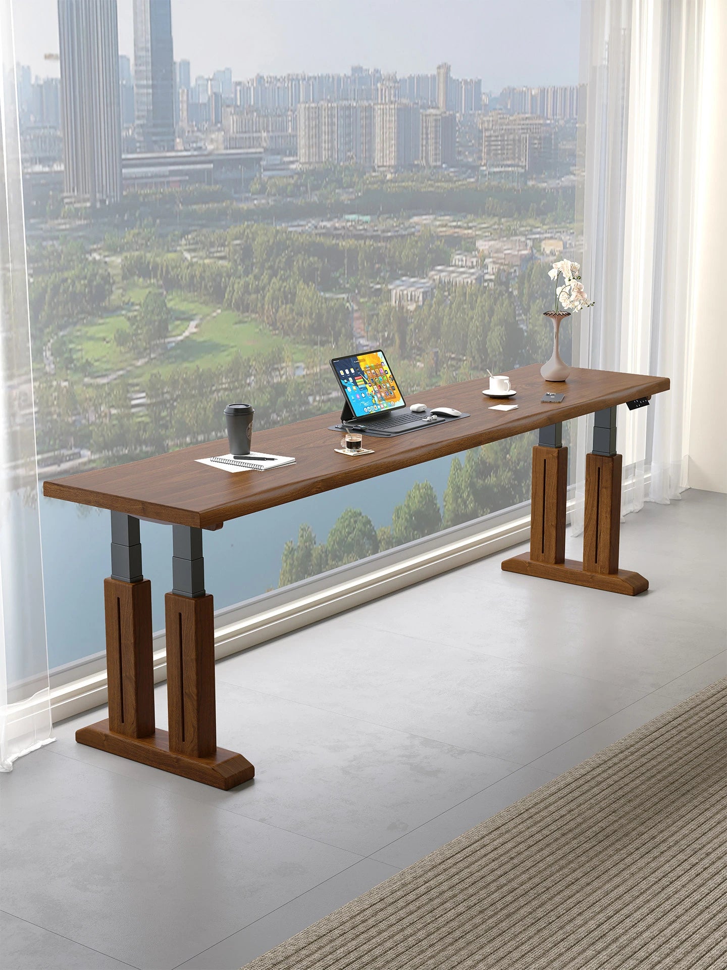 Solid wood height-adjustable desk beside a floor-to-ceiling window