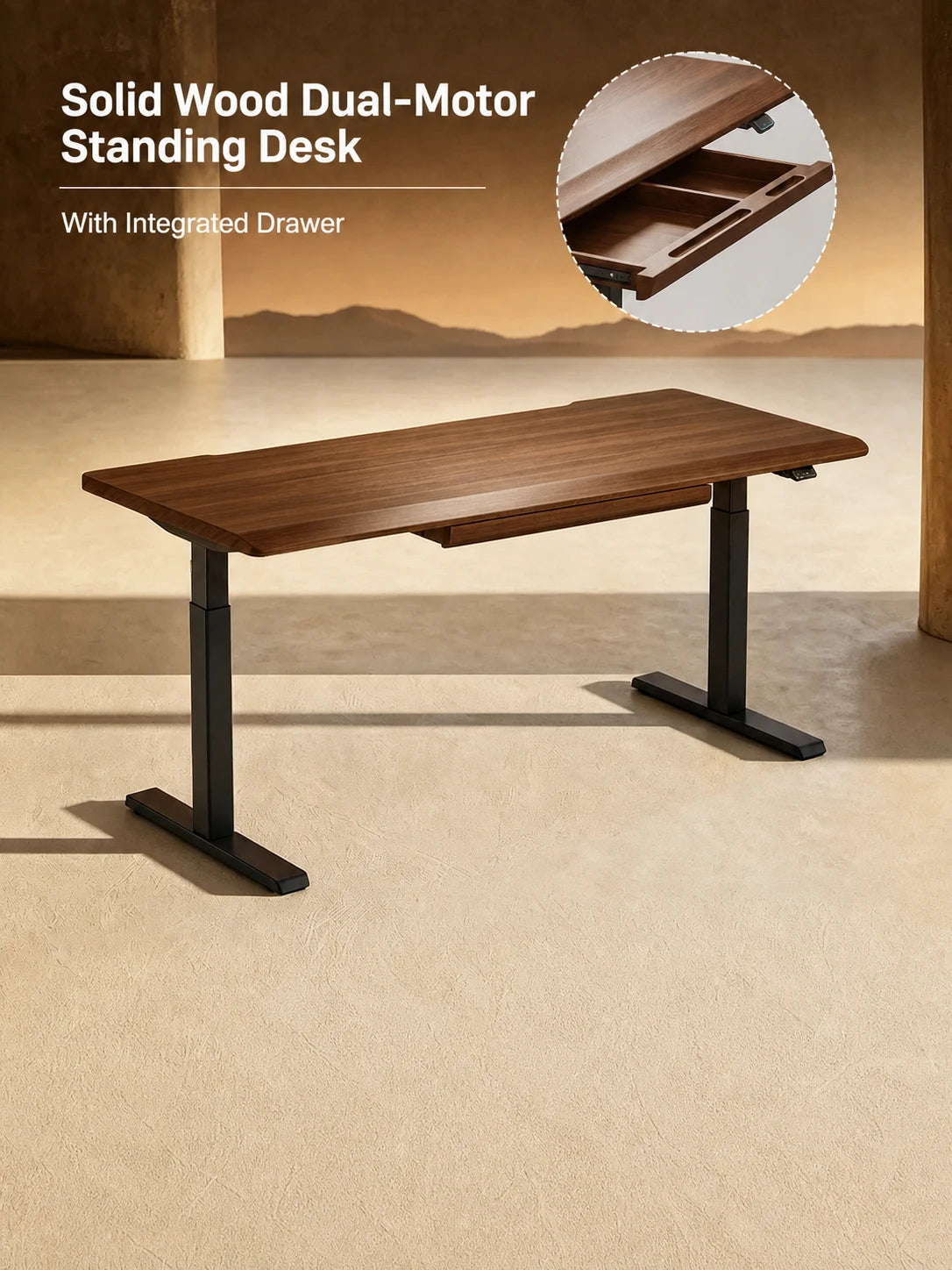 solid wood dual-motor electric standing desk with integrated drawer