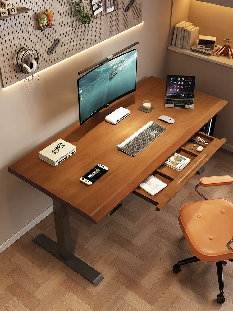 solid wood height adjustable desk with storage drawers and computer setup