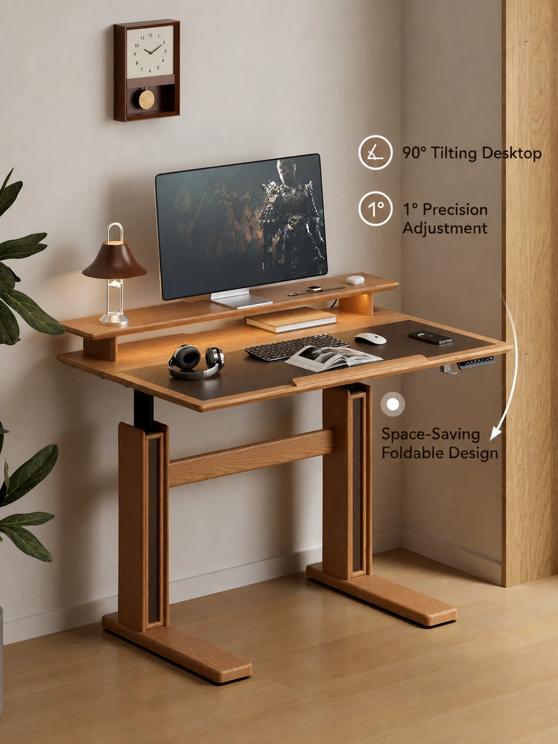 solid wood tilting electric standing desk in upright home office position