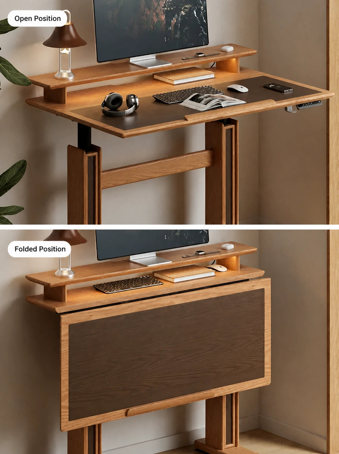 solid wood electric standing desk with fold-away tilting desktop