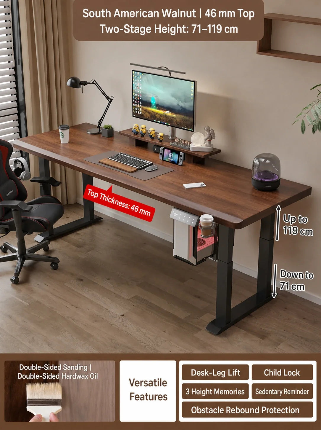 south american walnut 46 mm standing desk desktop option