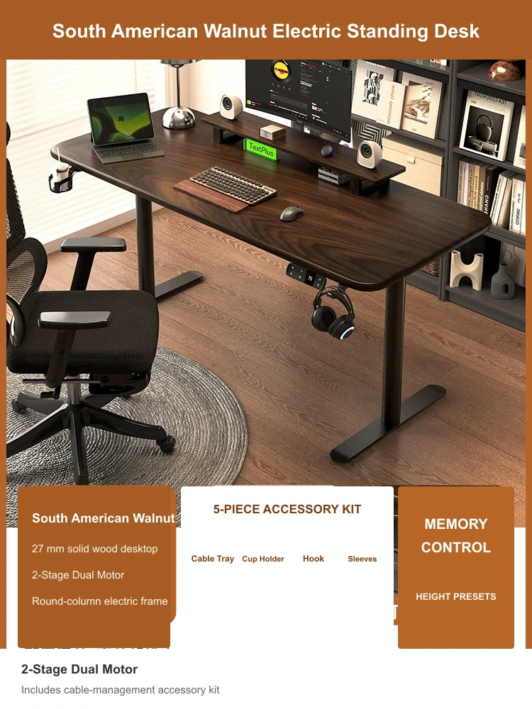 South American Walnut electric standing desk with 2-stage dual motor and cable management accessory kit