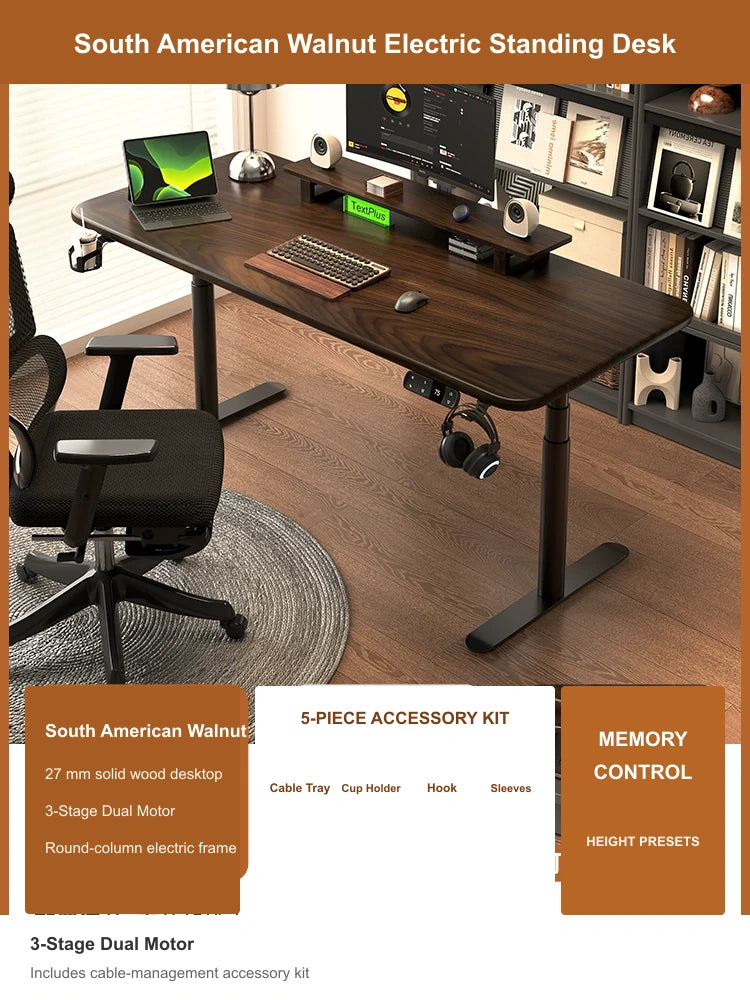 South American Walnut electric standing desk with 3-stage dual motor and cable management accessory kit