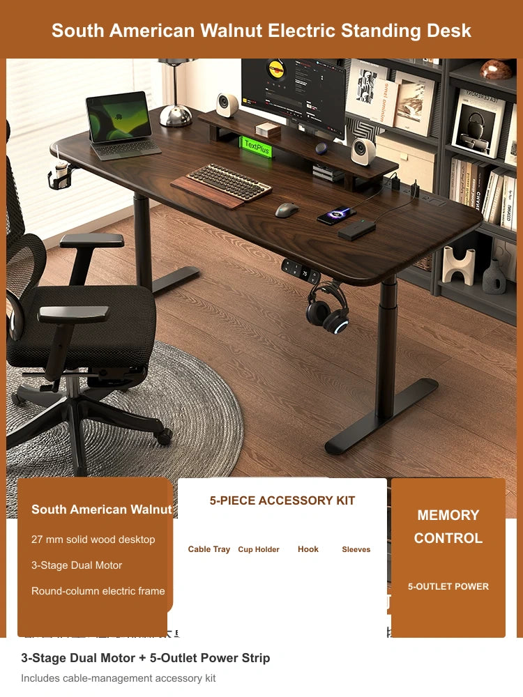 South American Walnut electric standing desk with 3-stage dual motor, built-in 5-outlet power strip and cable management accessory kit