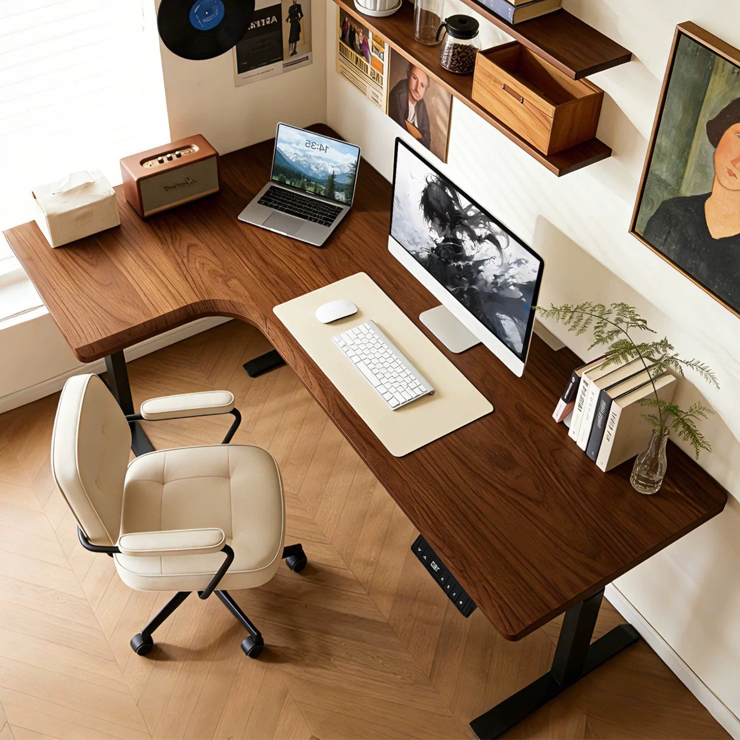 South American walnut L-shaped standing desk with left return