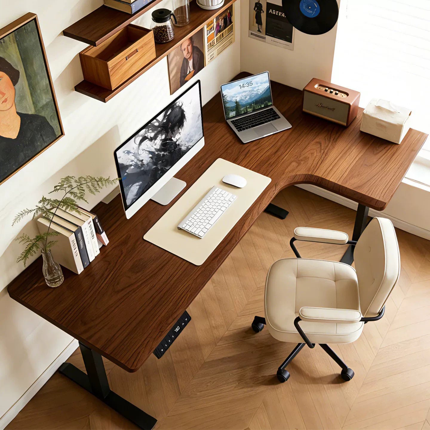South American walnut L-shaped standing desk with right return