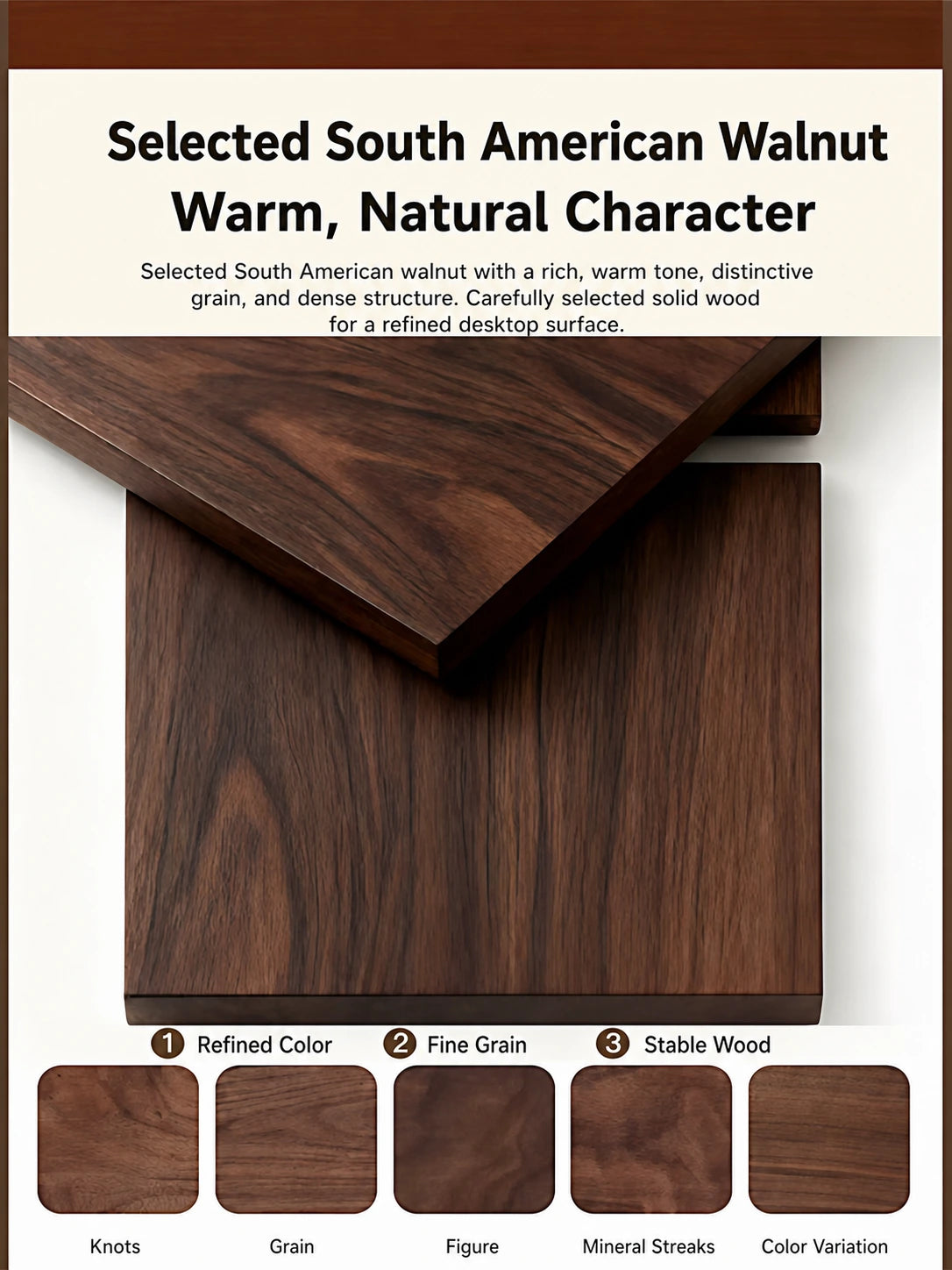 South American walnut solid wood desktop grain, knots, figure and natural color variation