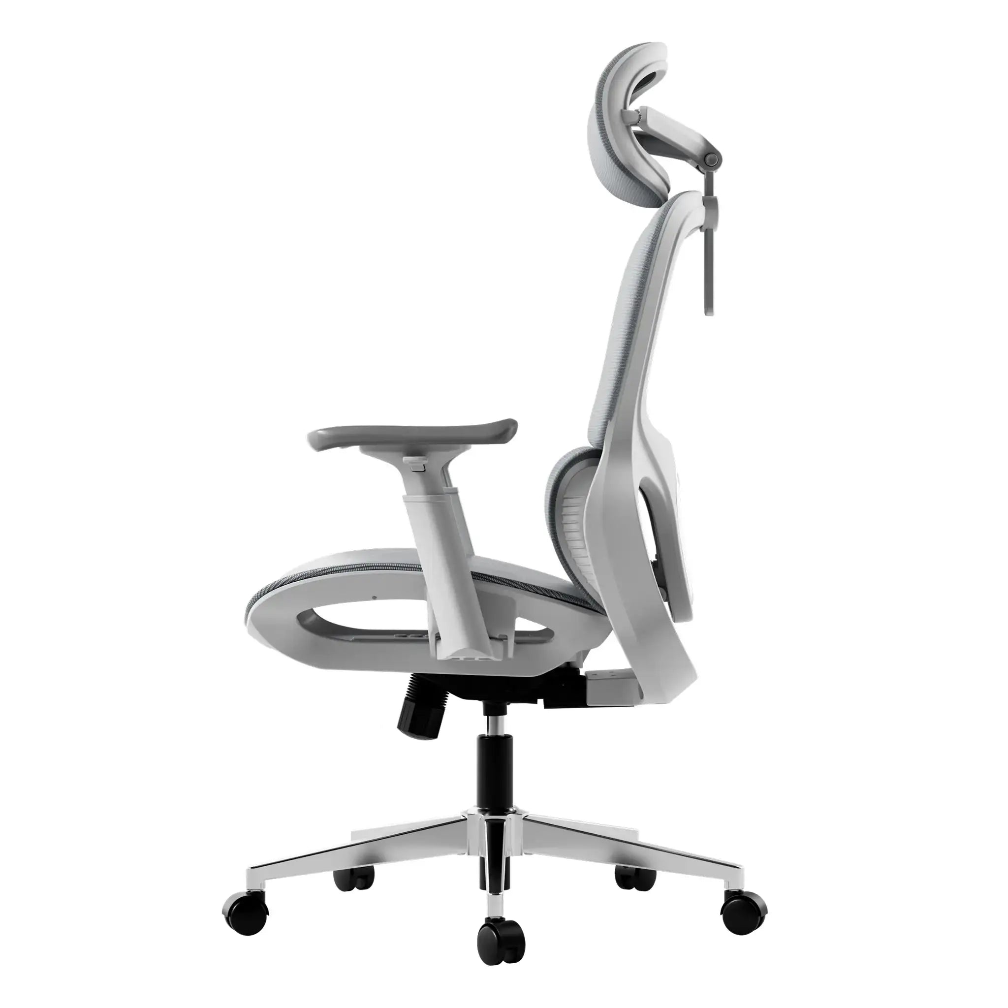 Space-saving grey mesh ergonomic office chair without footrest, ideal for compact apartment workspaces and small desks.