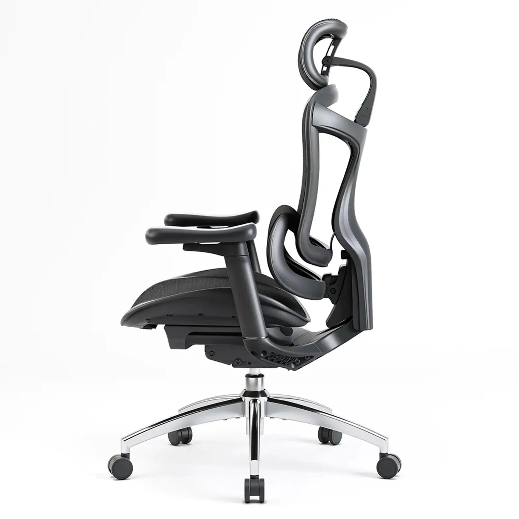 White mesh ergonomic chair in a reclined position with headrest, showcasing the relaxation and nap mode.
