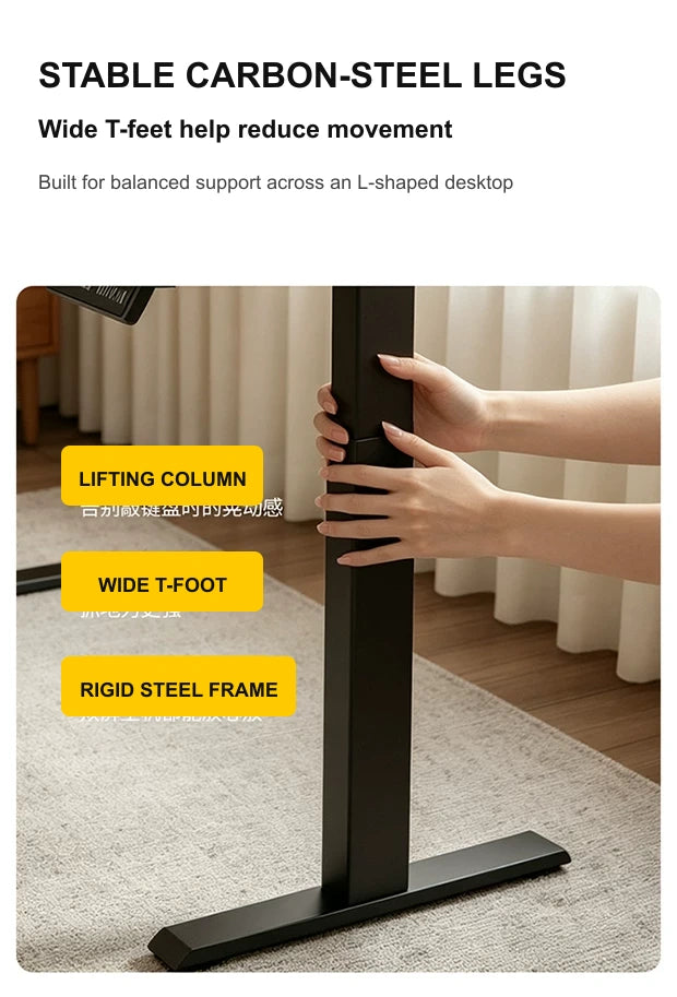 Stable carbon-steel lifting column and wide T-foot on an L-shaped standing desk