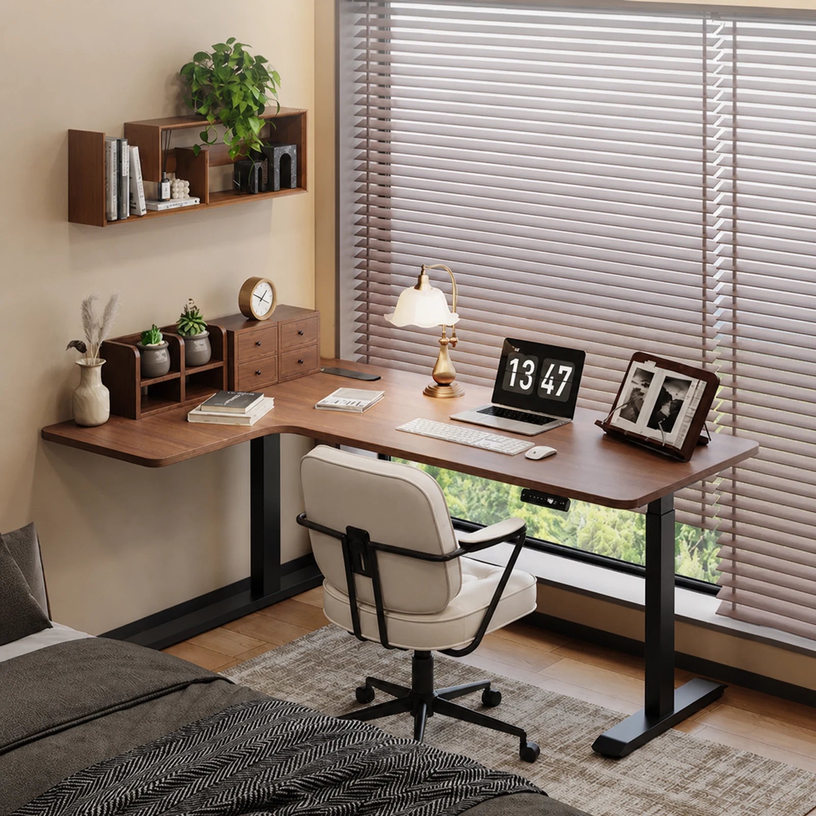 standard L shaped electric standing desk, left corner, black walnut