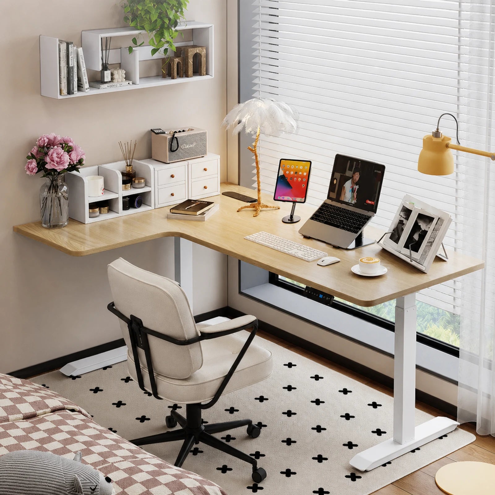 standard L shaped electric standing desk, left corner, maple