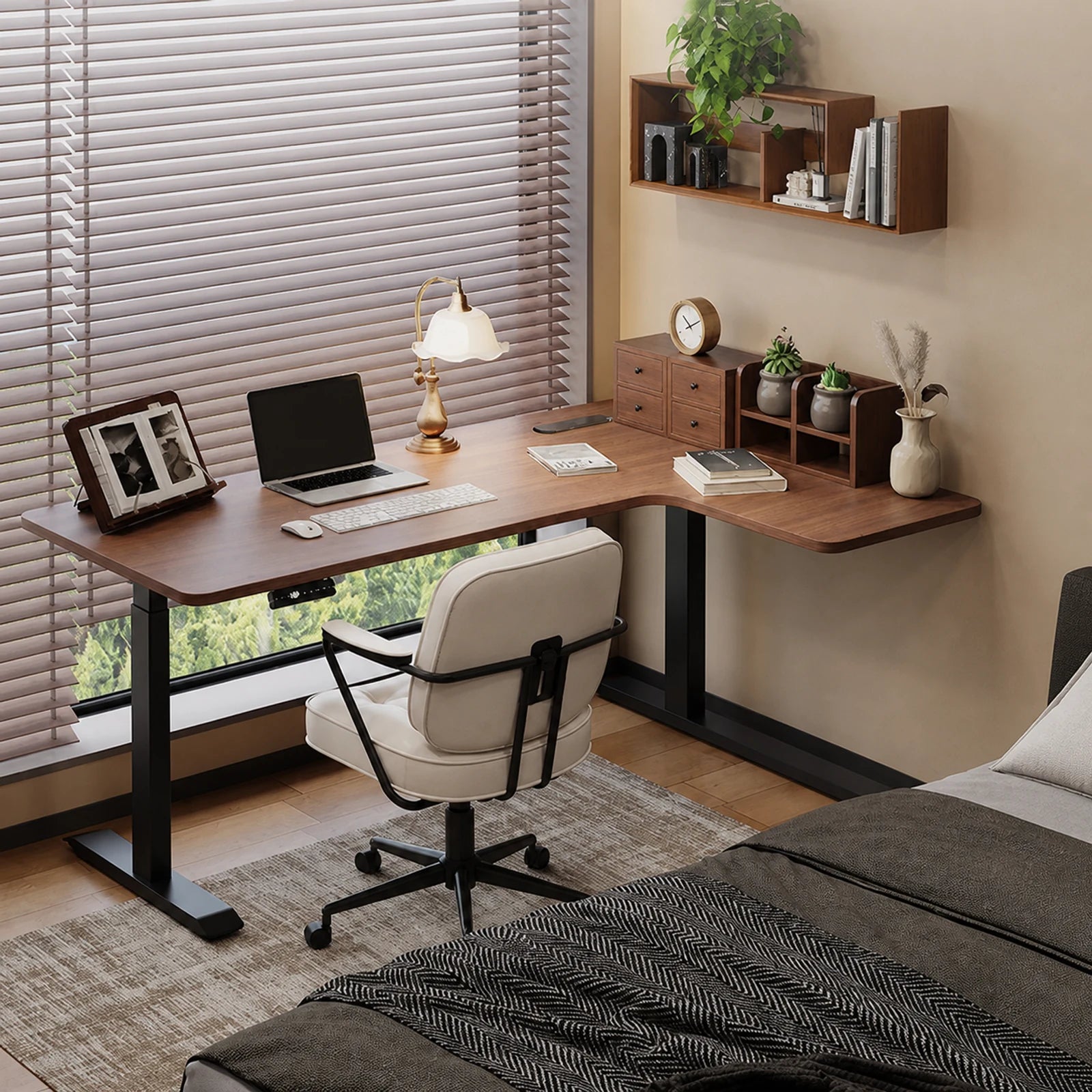 standard L shaped electric standing desk, right corner, black walnut