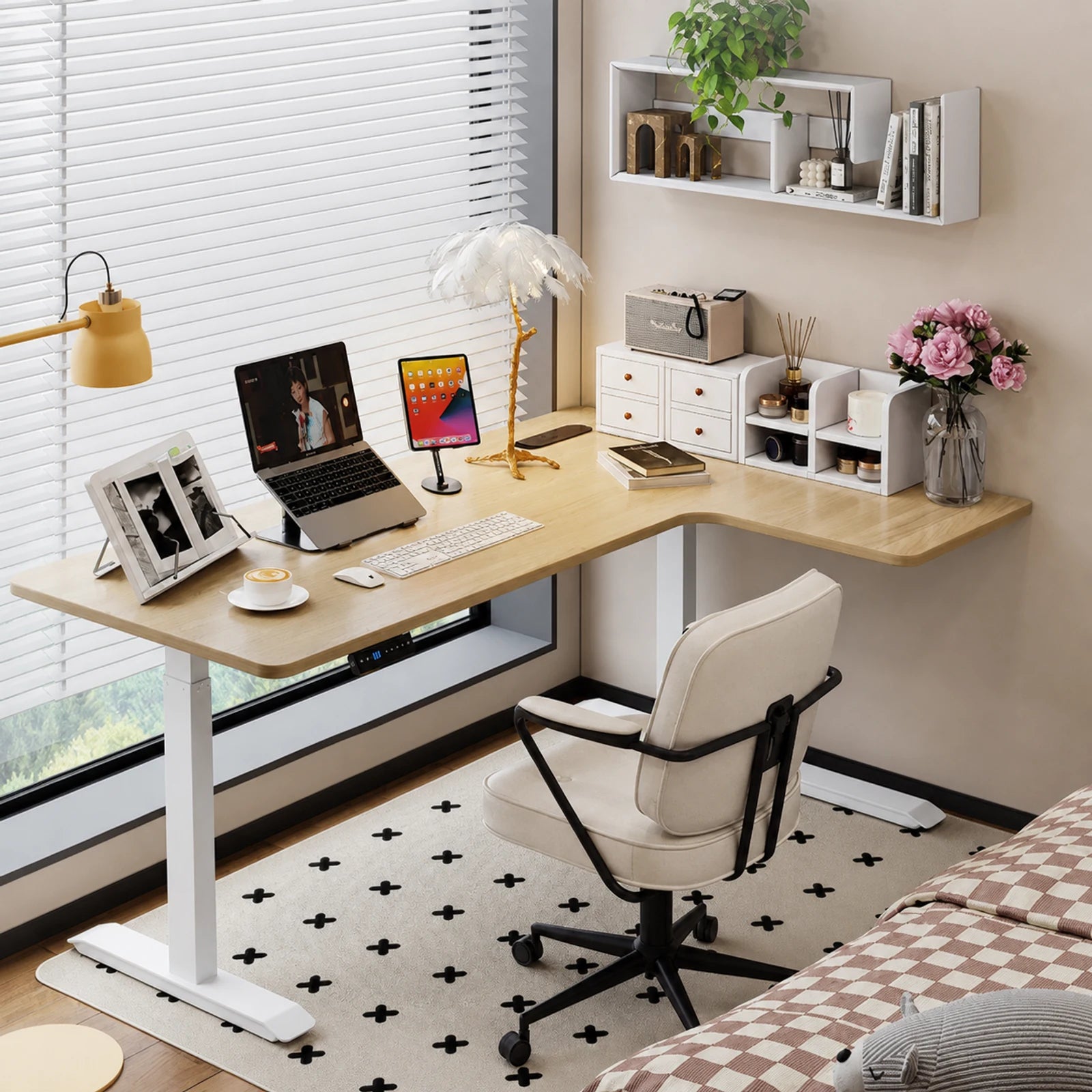 standard L shaped electric standing desk, right corner, maple