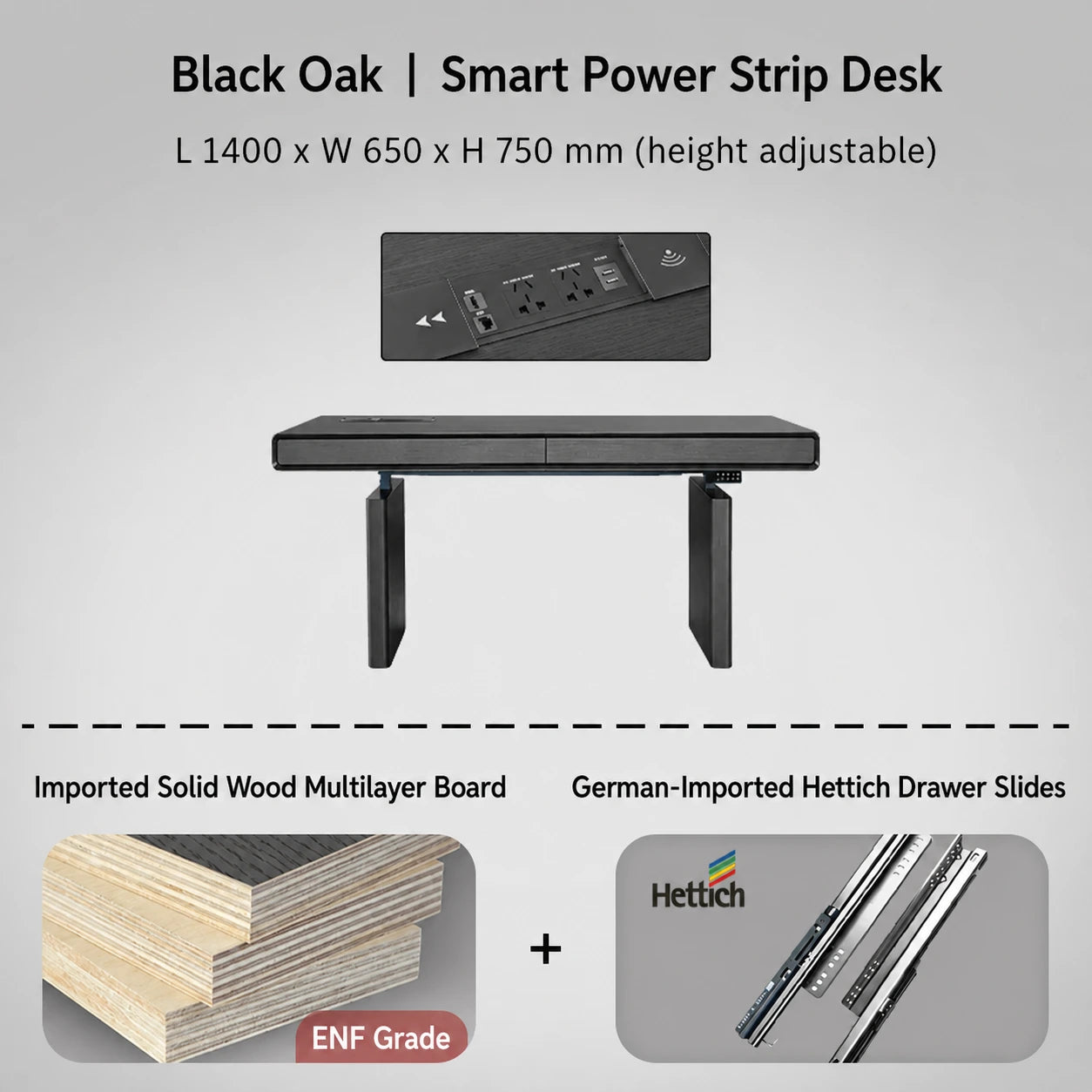 black oak electric standing desk with power strip 1400 x 650 x 750 mm
