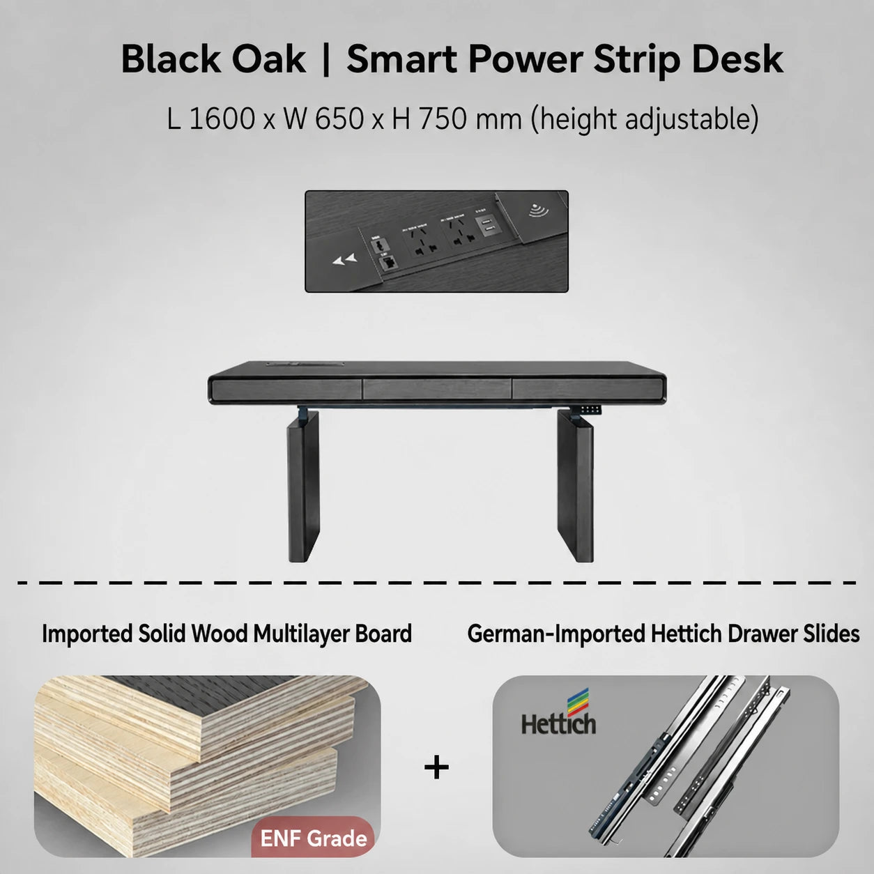 black oak electric standing desk with power strip 1600 x 650 x 750 mm