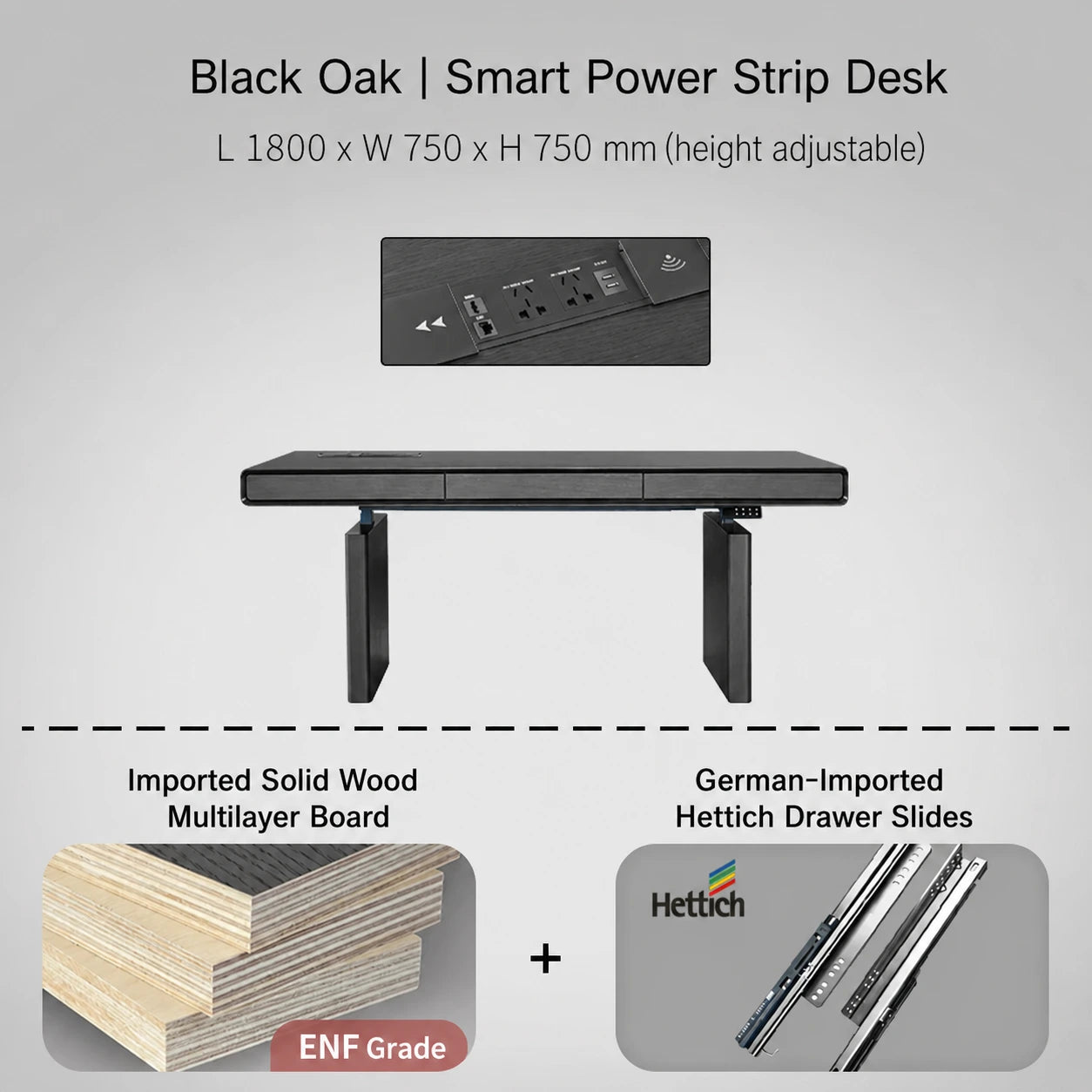 black oak electric standing desk with power strip 1800 x 750 x 750 mm