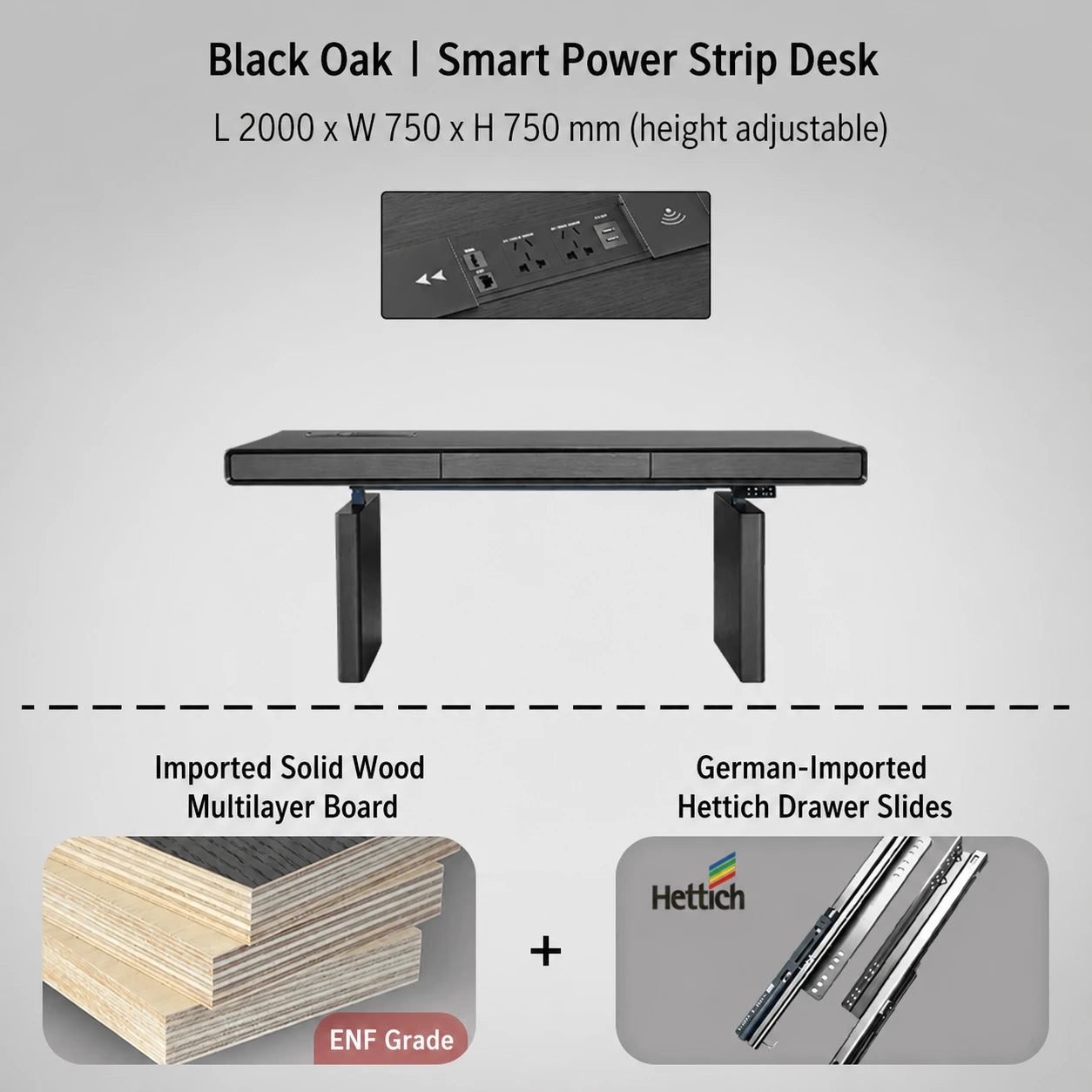black oak electric standing desk with power strip 2000 x 750 x 750 mm