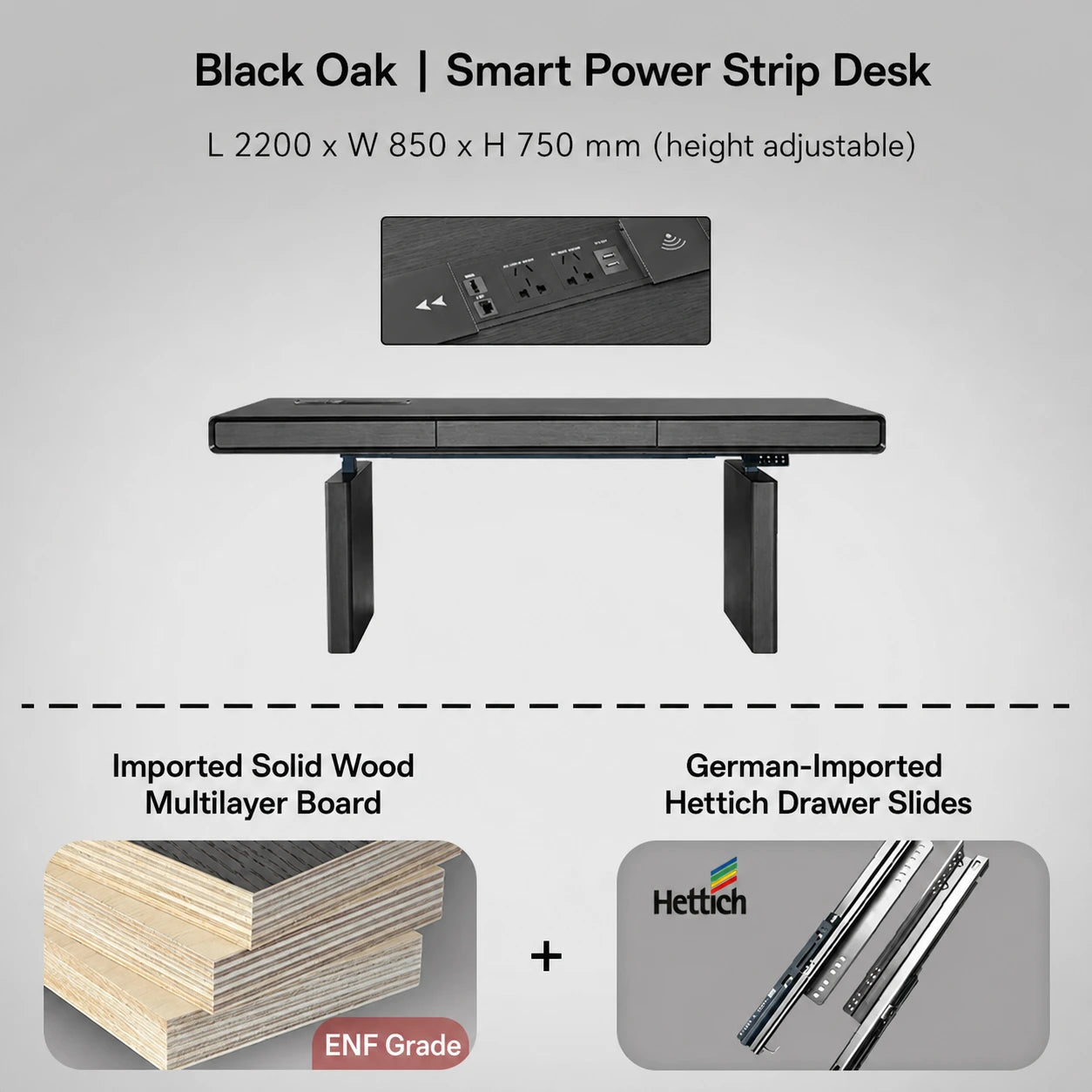 black oak electric standing desk with power strip 2200 x 850 x 750 mm