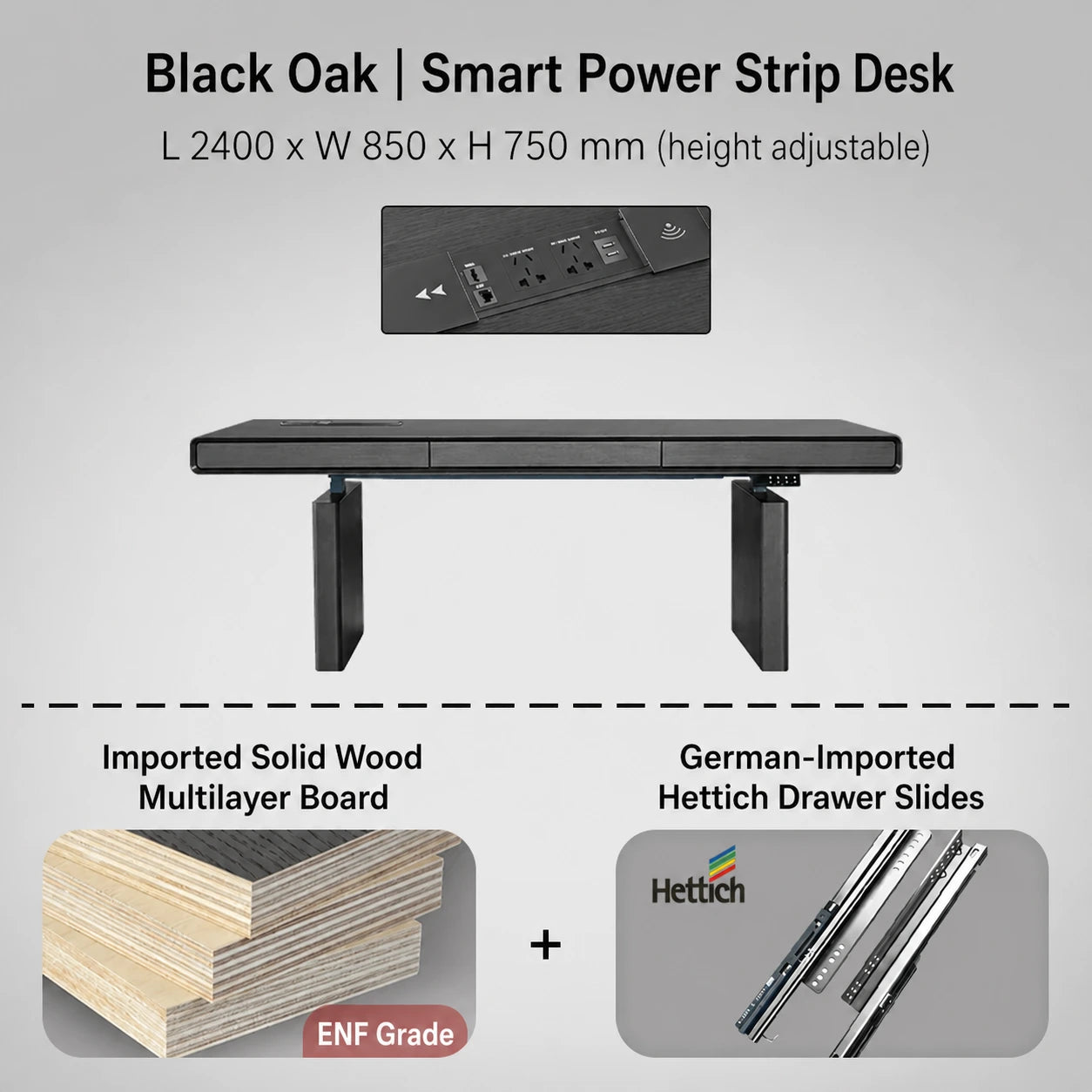 black oak electric standing desk with power strip 2400 x 850 x 750 mm
