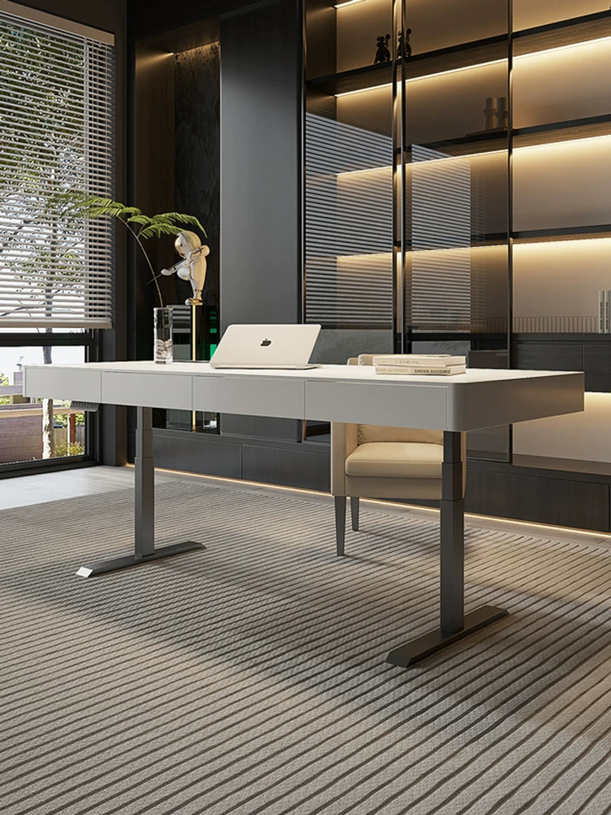 standing desk with built in power strip and cable access
