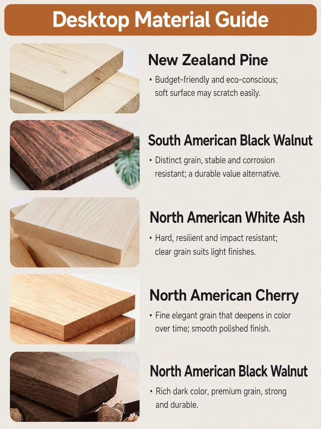 Desktop material guide comparing five solid wood options for standing desks