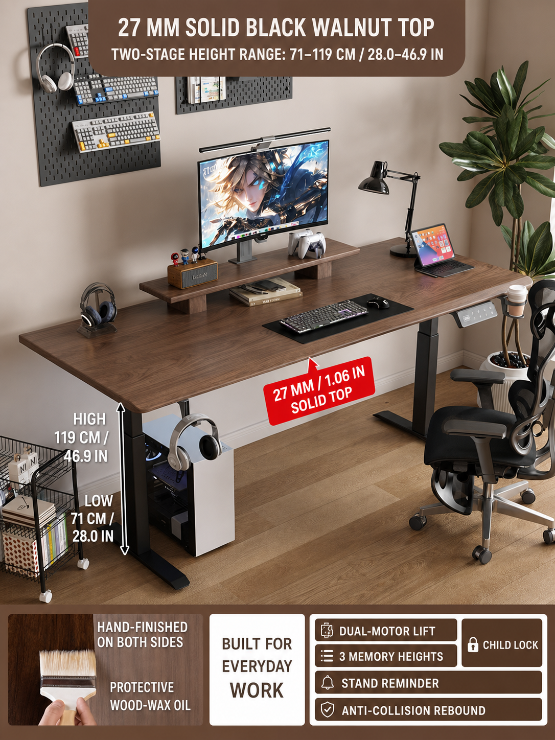 Two-stage black walnut standing desk dimensions and memory controls