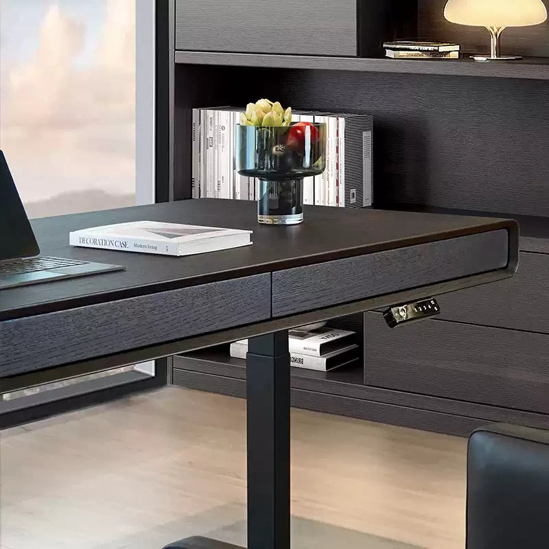 electric standing desk drawer and control panel detail for organized home office work