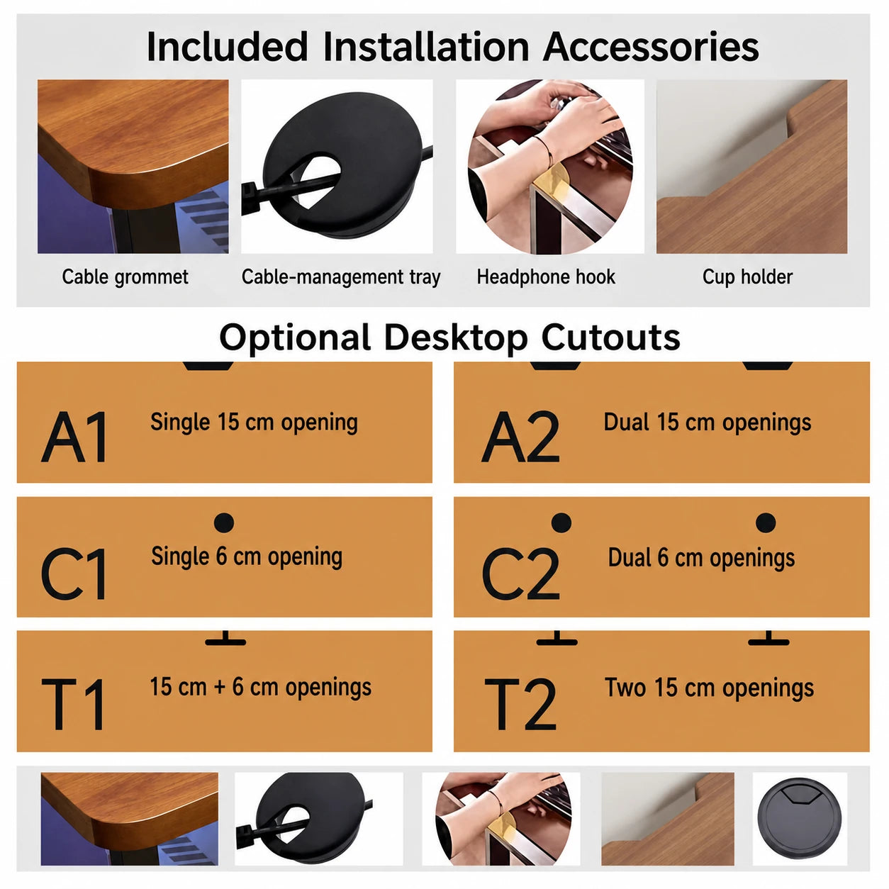 Electric standing desk installation accessories and optional desktop cutouts