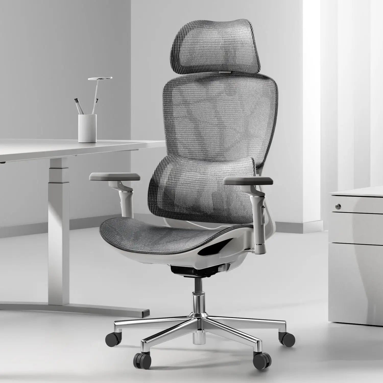 A group of professionals having a meeting in an office equipped with ergonomic office chairs.