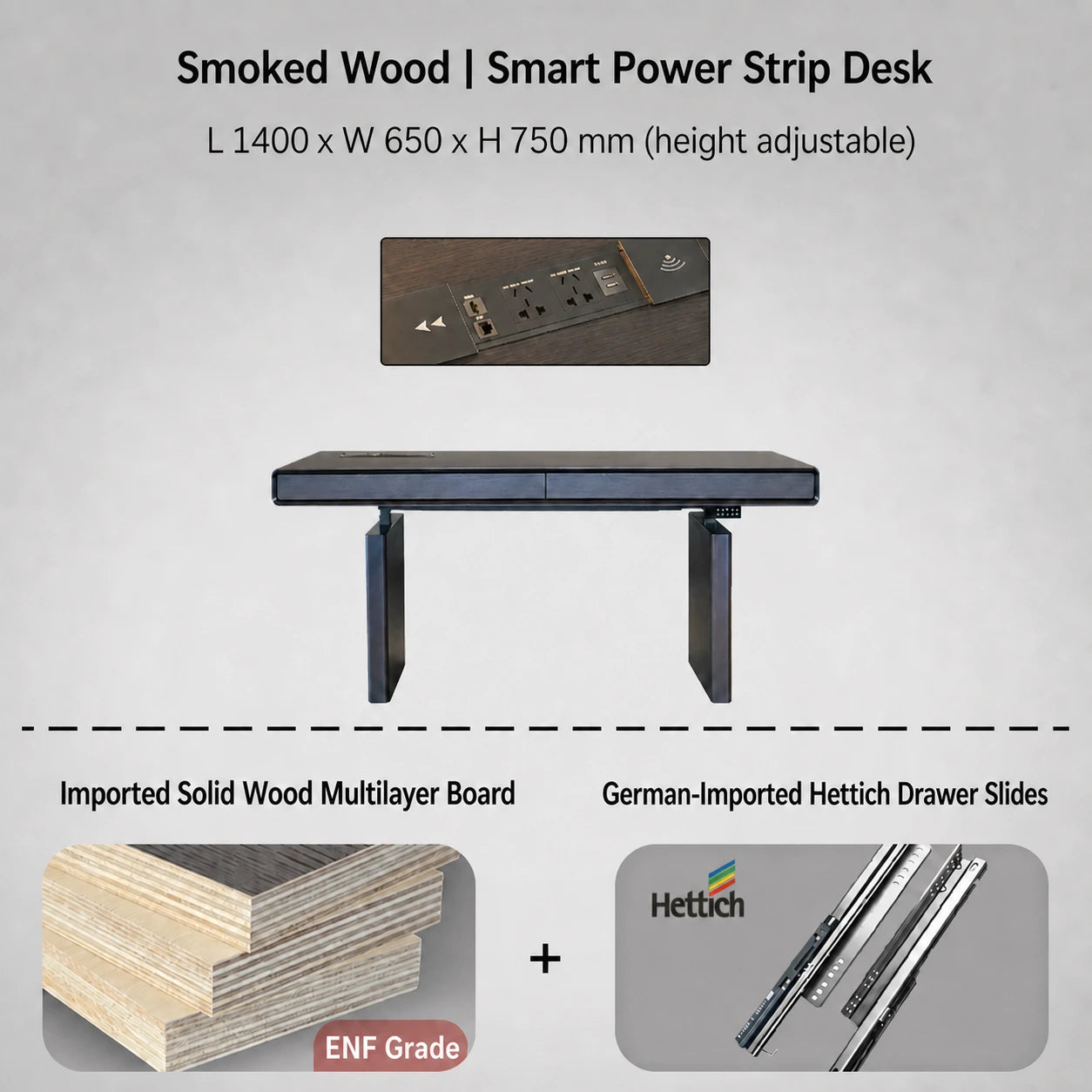 smoked wood electric standing desk with power strip 1400 x 650 x 750 mm