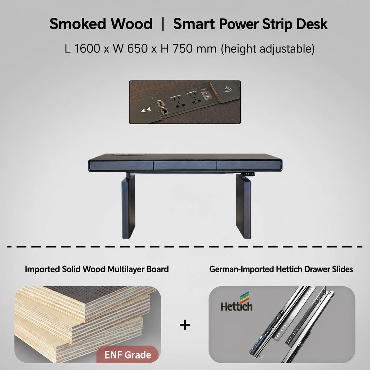 smoked wood electric standing desk with power strip 1600 x 650 x 750 mm