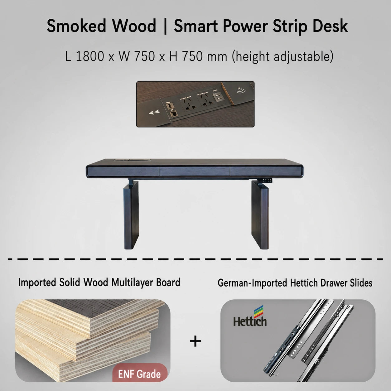 smoked wood electric standing desk with power strip 1800 x 750 x 750 mm
